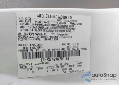 2009 Ford Focus Sel из США, поврежденный, VIN 1FAHP37N29W200198